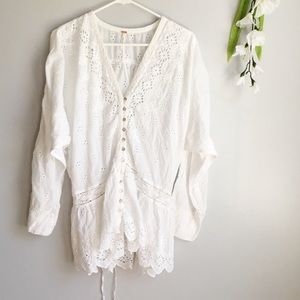 Free People White Tunic Eyelet Tie Back Boho Top